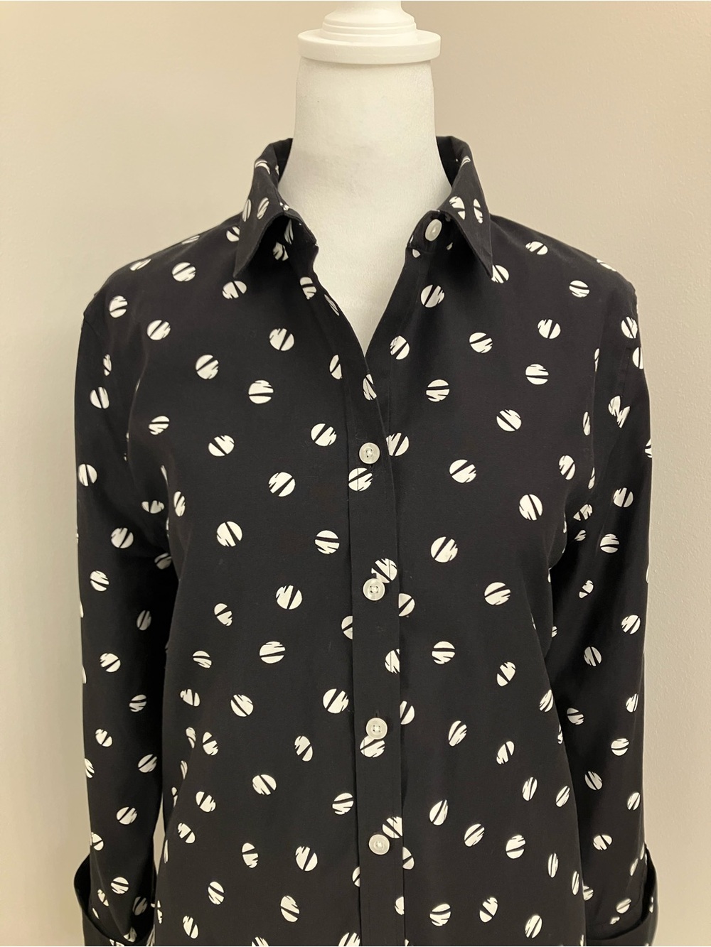 Chico's Black Button-Down Shirt with White Dot Print